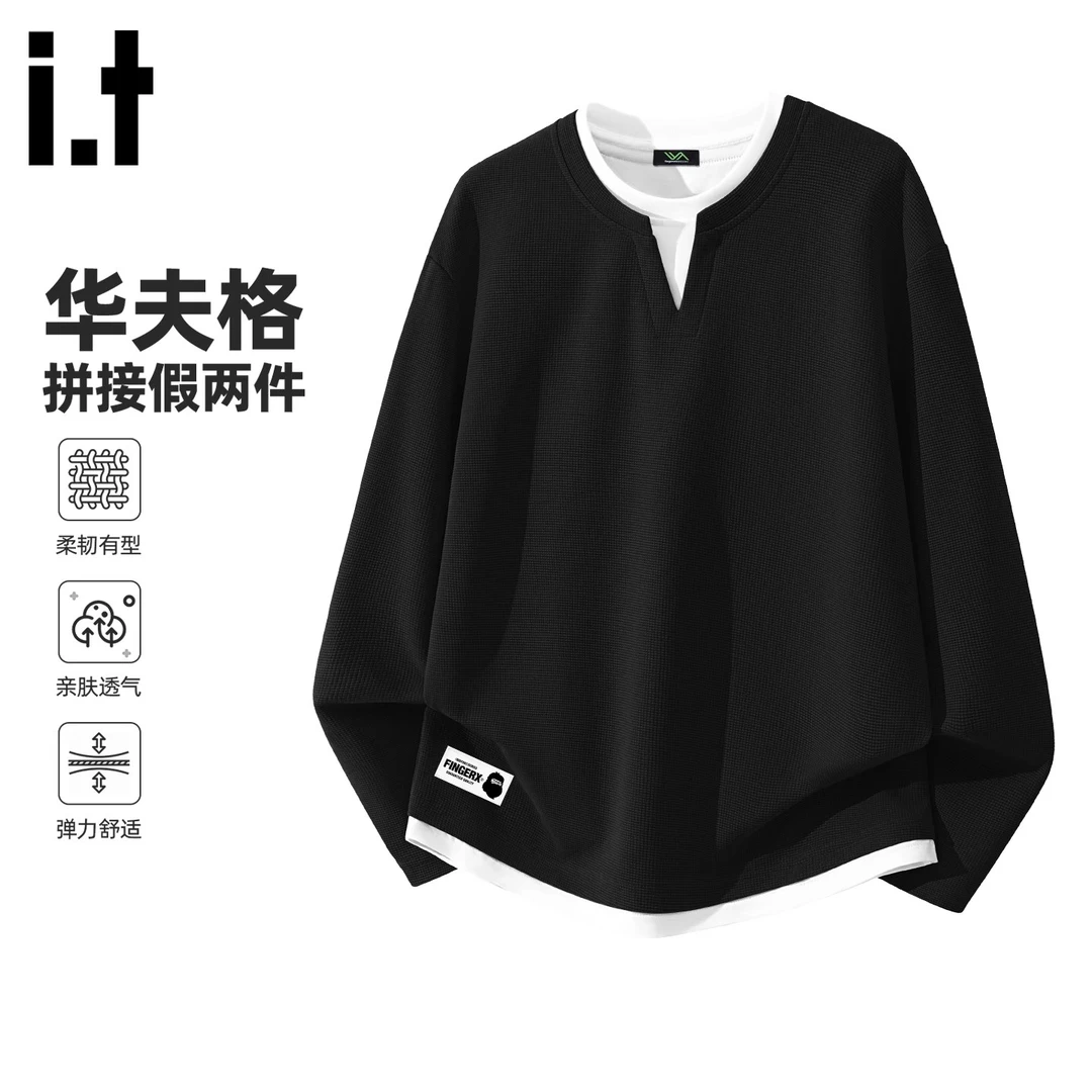 it FINGERCROXX假两件长袖t恤男士2026新款春季外穿v领内搭打底衫