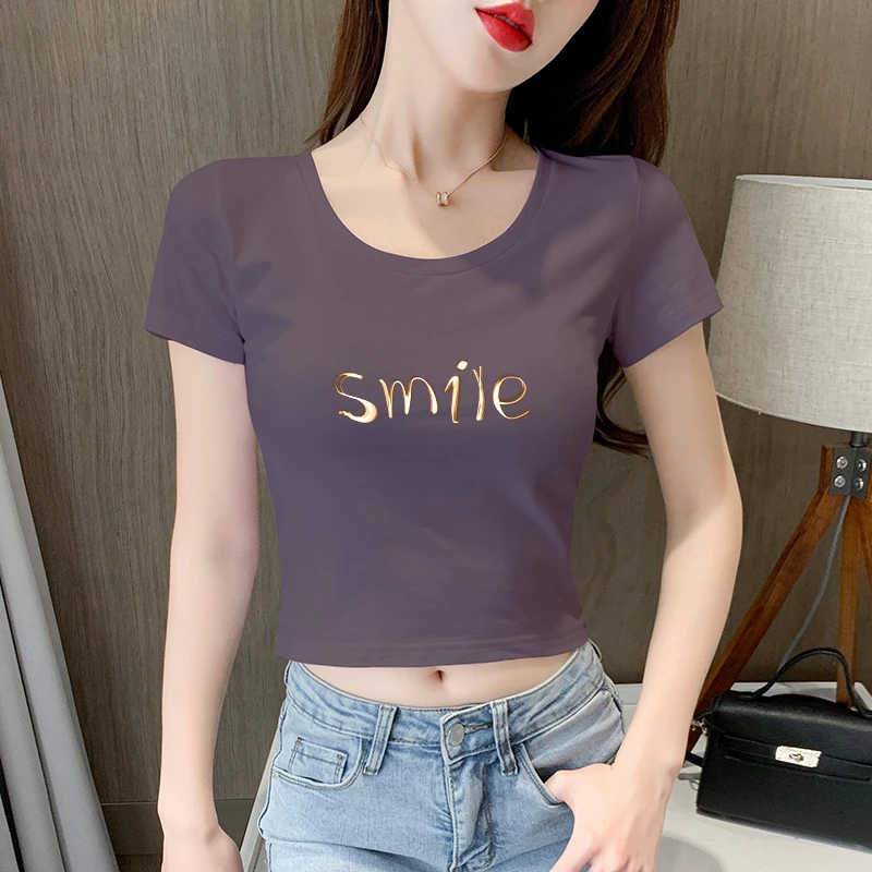暗紫色短款t恤女短袖修身2025春夏季新款纯棉高腰露肚脐紧身上衣
