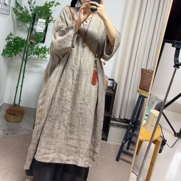 怀旧风夏季V领扎染格纹连衣裙女圆领文艺中长款新中式