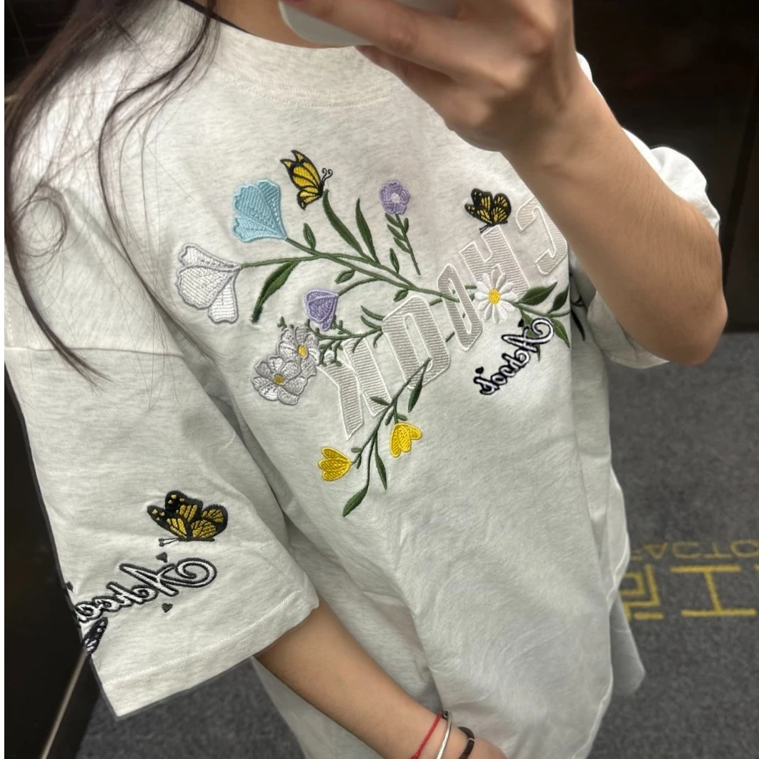 花卉刺绣纯棉男生短袖t恤夏季美式街头白灰色情侣款圆领半袖