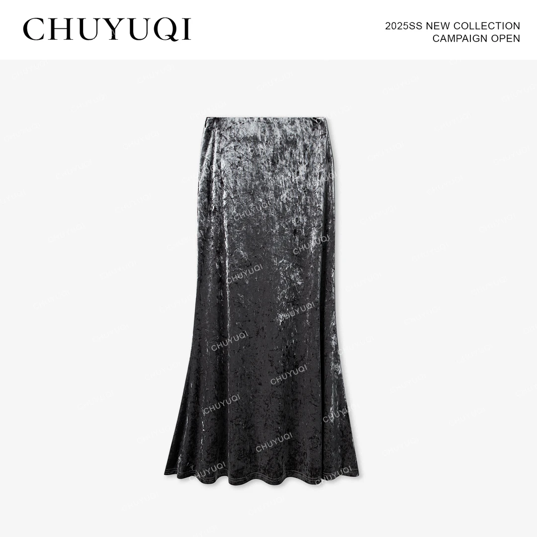 CHUYUQI 独立审美 摩登丝绒鱼尾半身裙气质高腰轻奢显贵包臀半裙