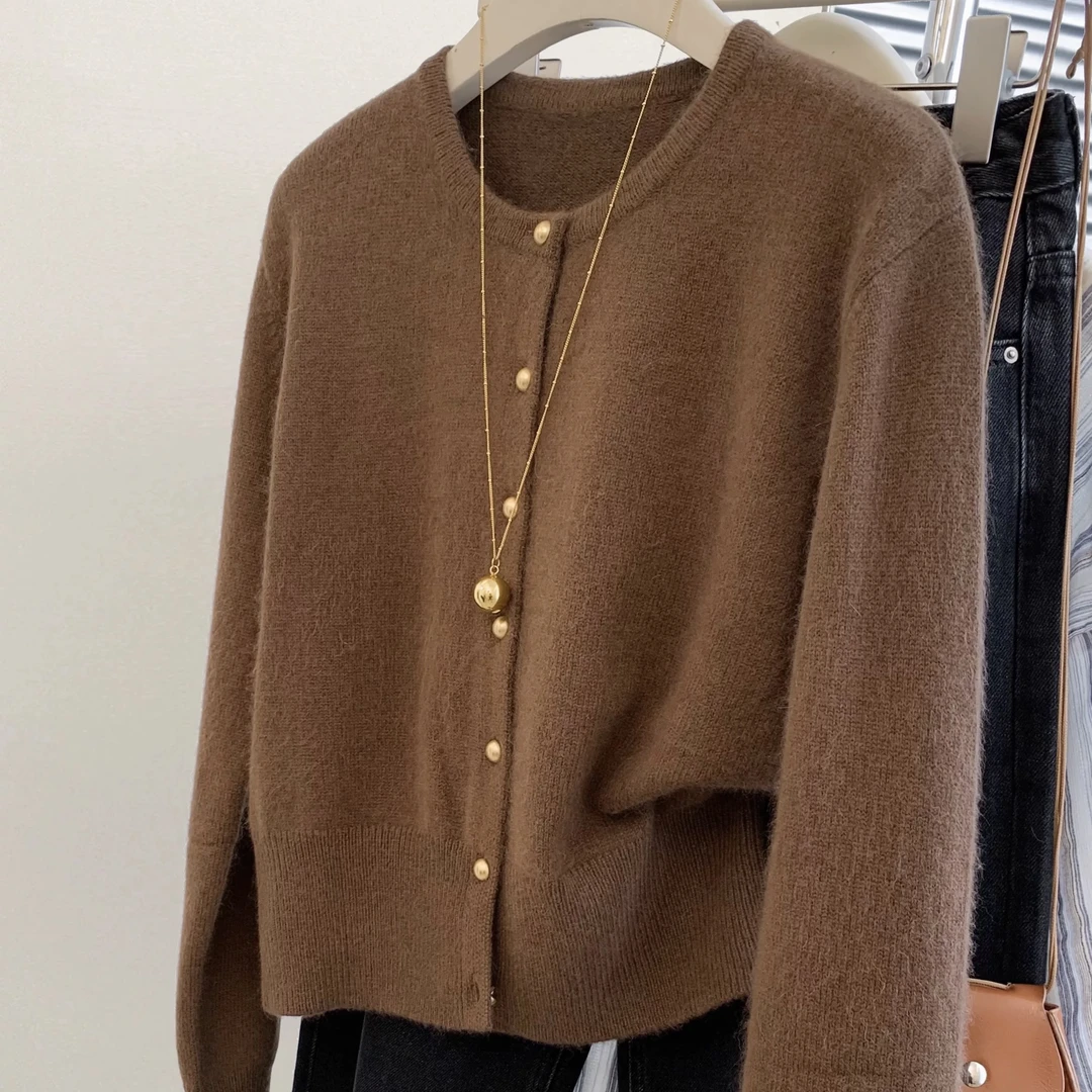 /咖色小金豆/咖色美拉德圆领休闲宽松针织毛衣外套 J01
