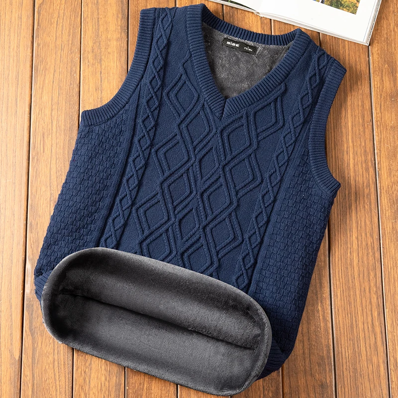 【高品质】秋冬季男士休闲加绒加厚针织毛衣内搭修身马甲毛衣男