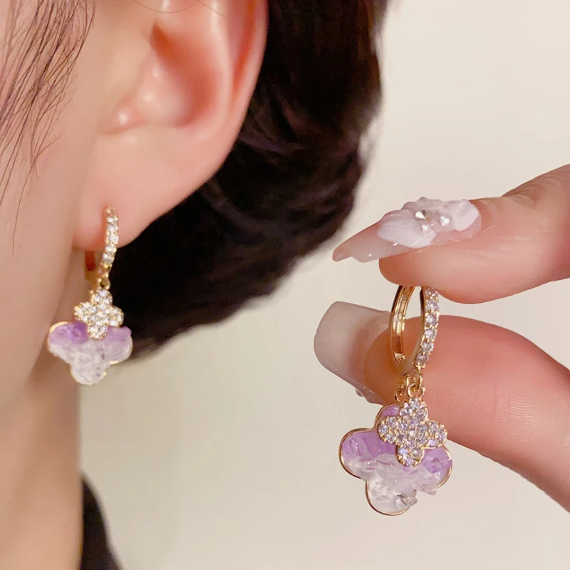 铜合金合成锆石耳饰 小清新时尚A56四叶花耳扣小众精致高级感耳坠