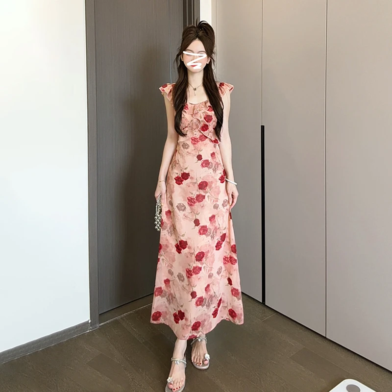 掐腰法式粉色碎花吊带连衣裙子女2025夏季穿搭新款小个子显瘦长裙