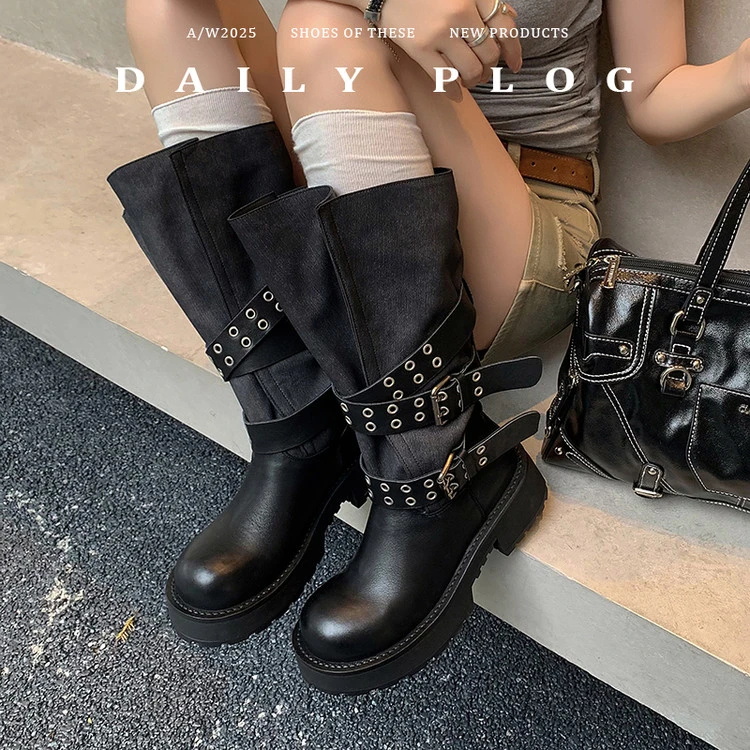 头层牛皮骑士靴女高筒朋克机车靴2025秋冬甜酷风真皮厚底堆堆长靴