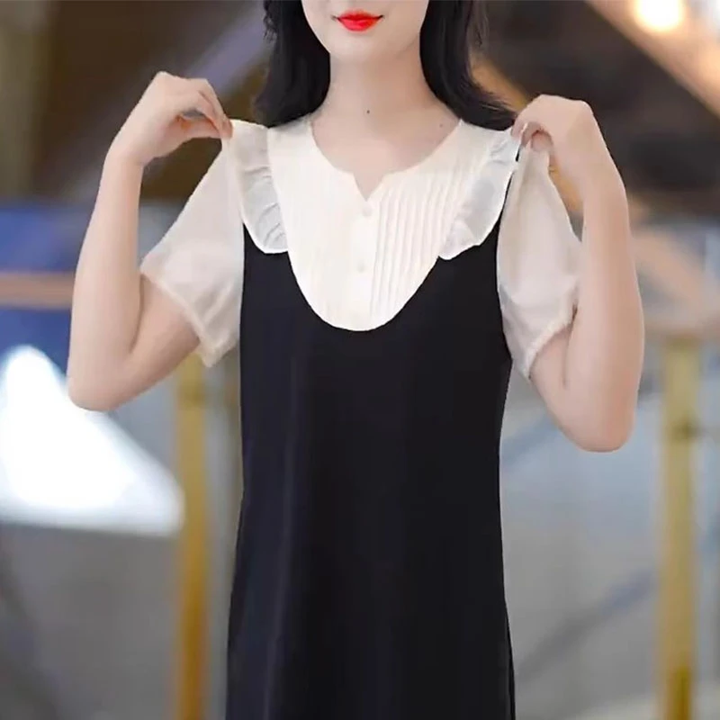 韩系时尚大码遮肉裙2025夏季新款减龄荷叶边拼接短袖中长款连衣裙