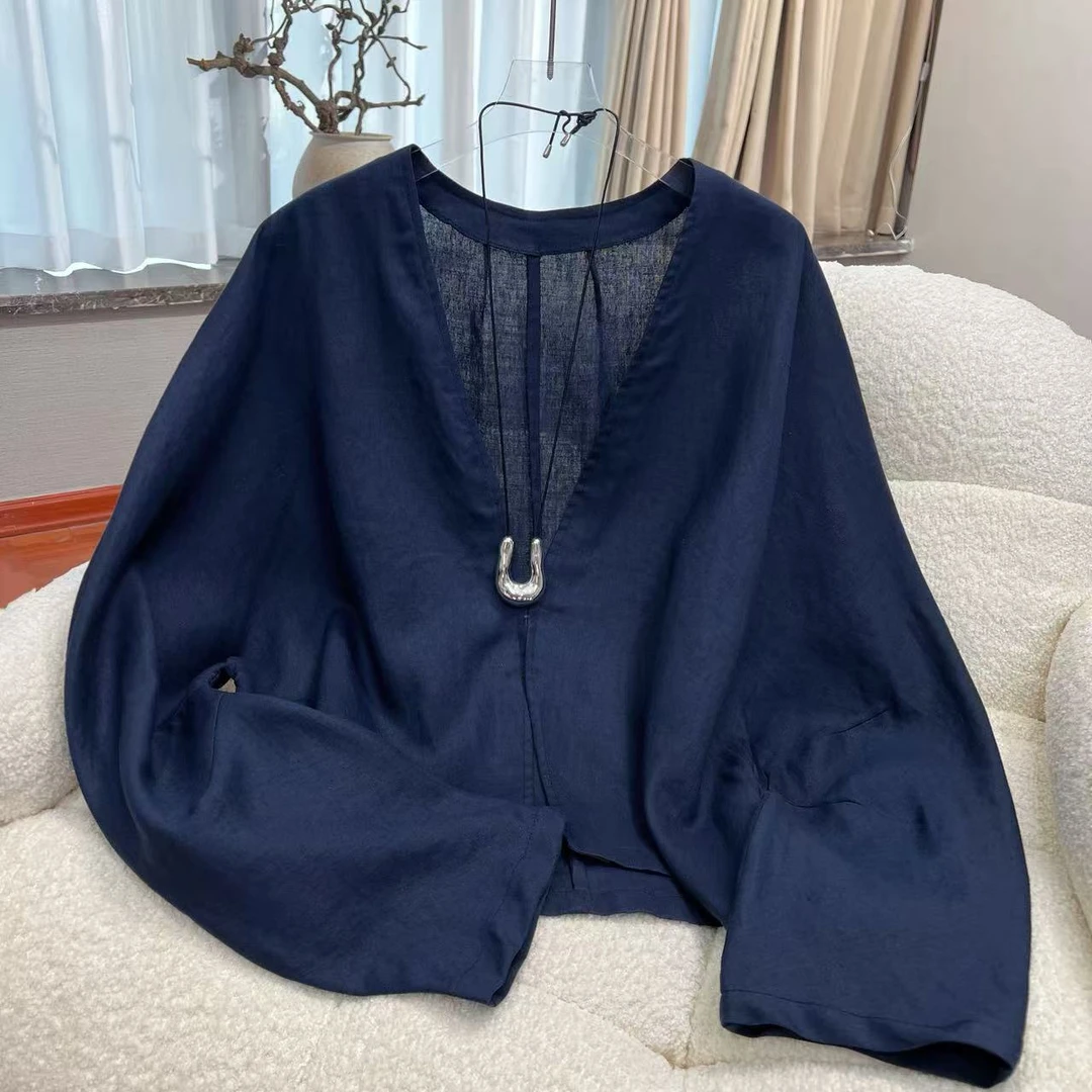 非遗贵州蓝染纯亚麻文艺复古亚麻长袖开衫女夏季宽松百搭衬衫上衣
