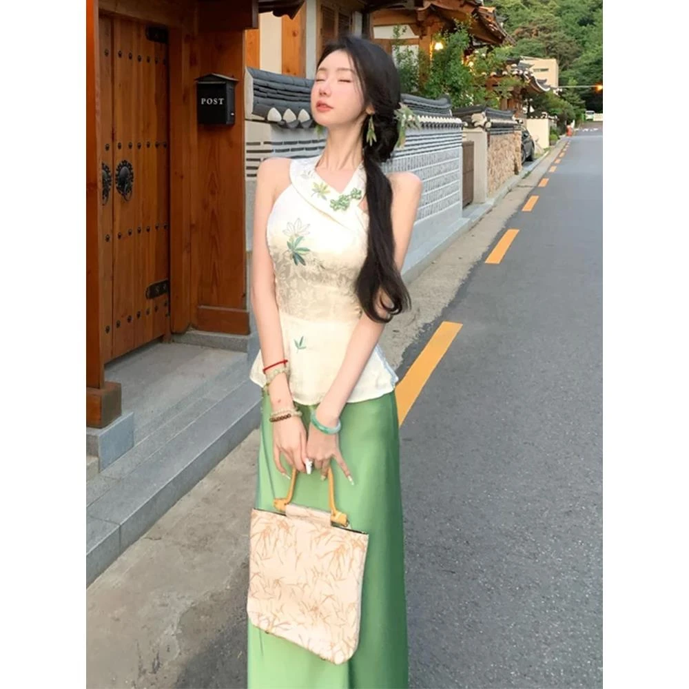 清冷贵气感穿搭轻奢高级感女人味新中式国风醋酸缎面连衣裙套装