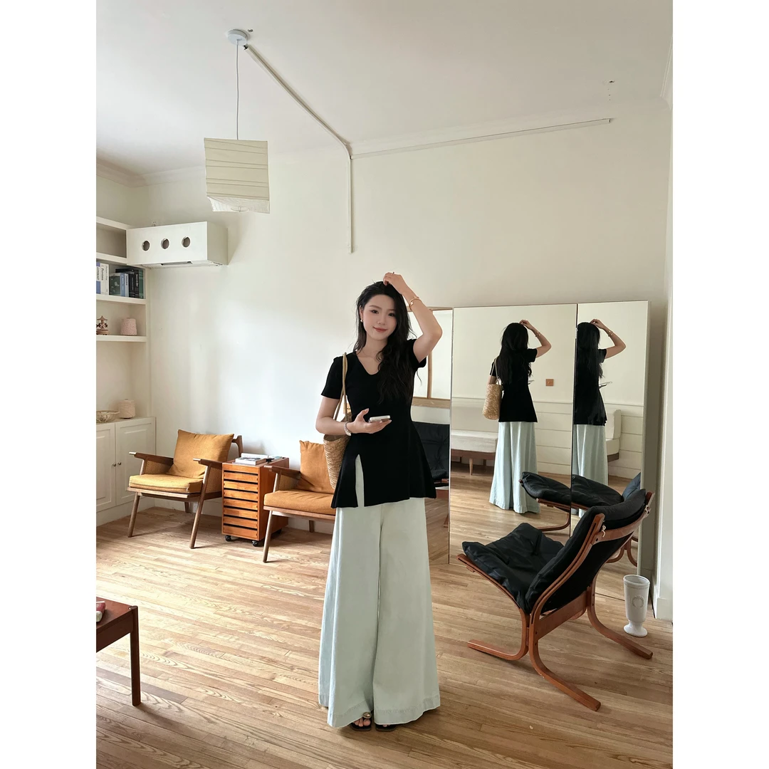 【刚需短袖】加长v领收腰显瘦开叉设计感针织短袖上衣su105