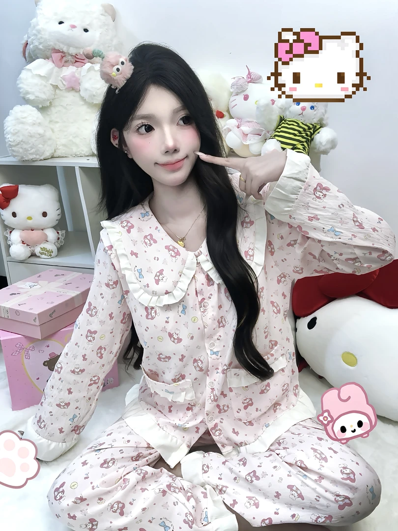 美乐蒂娃娃领薄款女学生宿舍睡衣家居服套装长袖春夏家居服胸垫