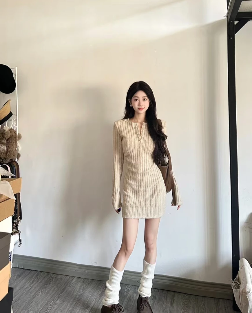 【D101-170】圆领针织贸易早秋装2025新款女士装洋气连衣裙