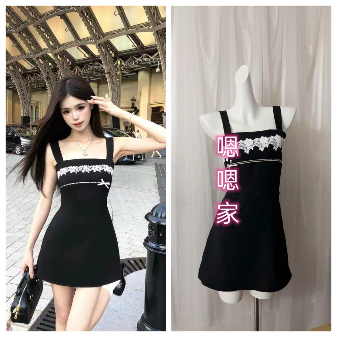 画解WAHJU 黑白乐章 蕾丝花朵拼接设计感纯欲收腰显瘦连衣裙女夏