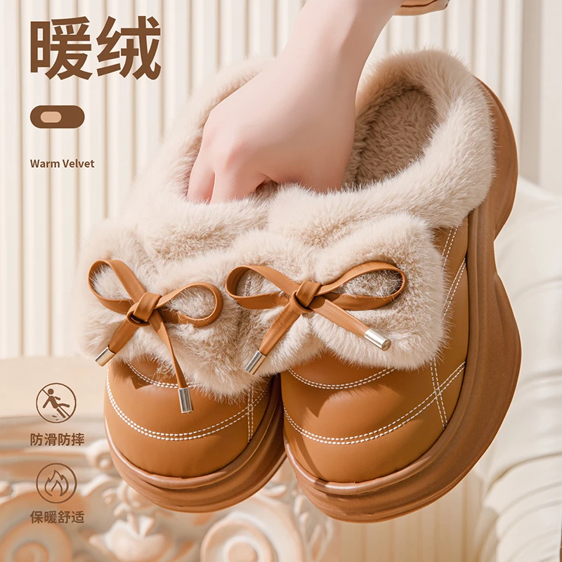 时尚PU棉拖鞋女新款厚底居家蝴蝶结拖鞋冬季加绒加厚保暖防滑外穿