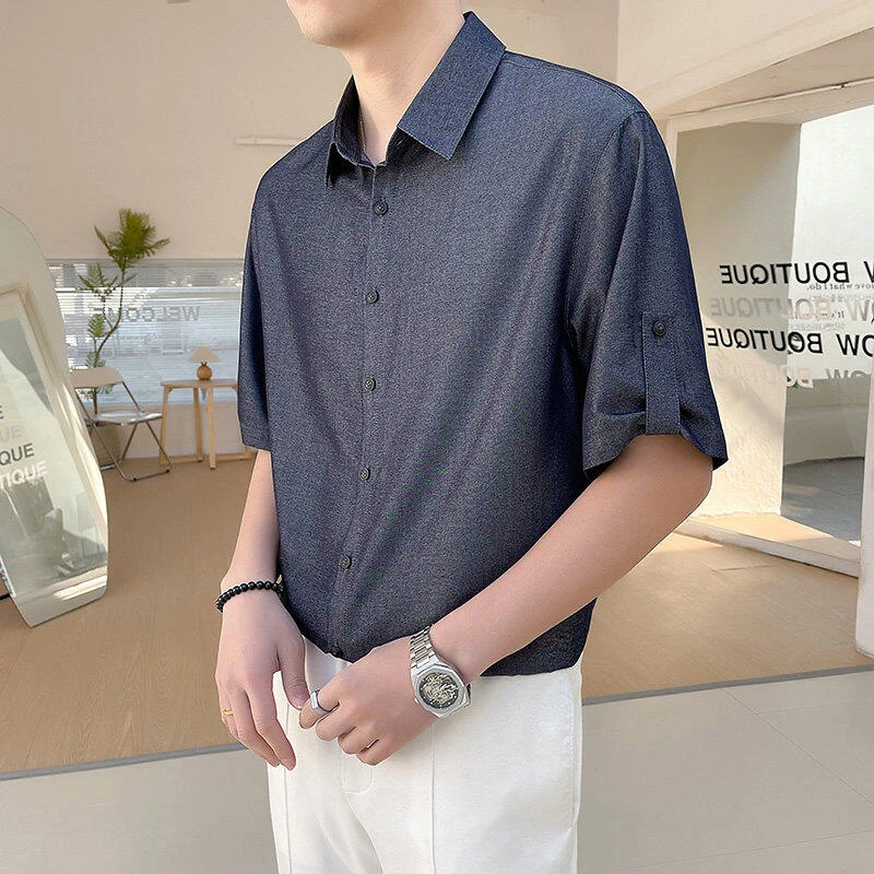 男士潮流休闲衬衣港风痞帅夏季百搭薄款牛仔中袖衬衫