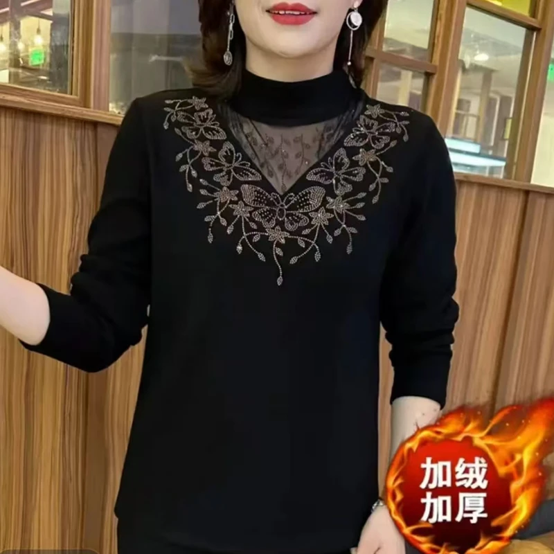 H 加绒保暖秋冬打底衫女黑色半高领上衣遮肚气质长袖减龄小衫