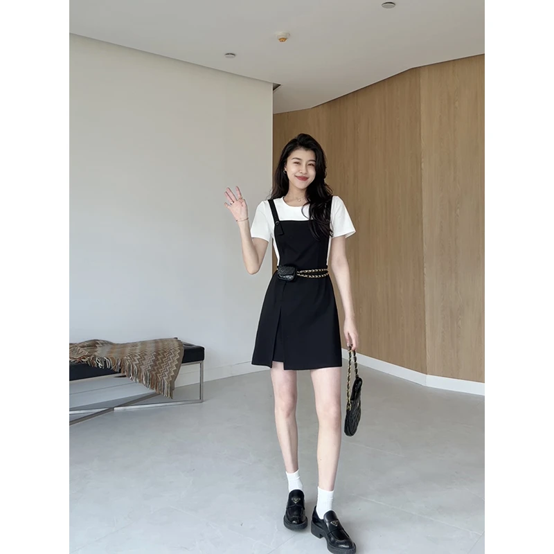 张阿星【自由出行】韩范假两件腰包收腰修身撞色减龄侧开叉连衣裙