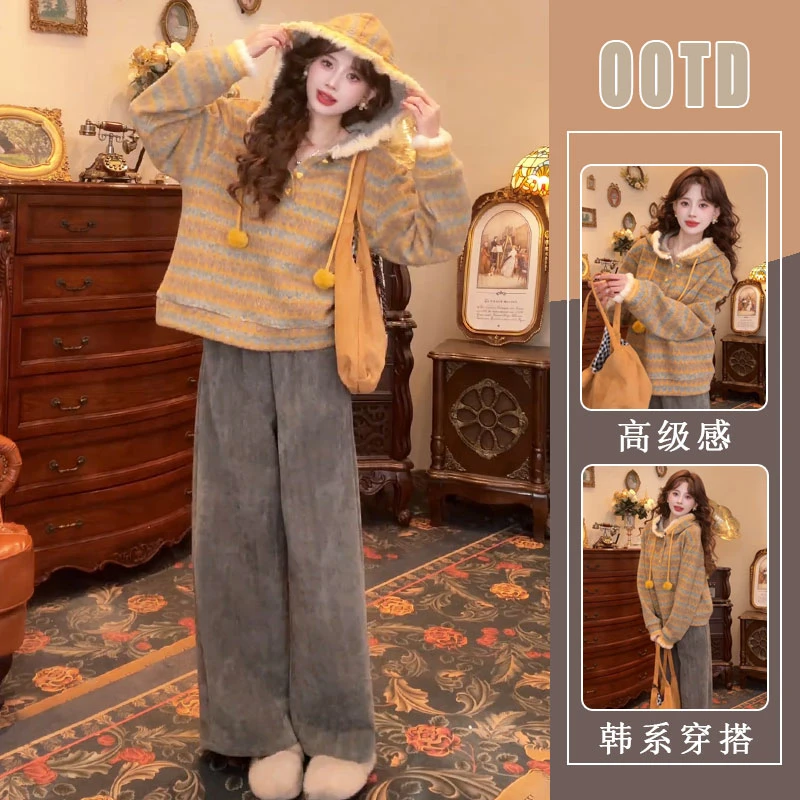 韩系潮流一整套穿搭女2025冬季新款时尚条纹卫衣高腰休闲裤套装