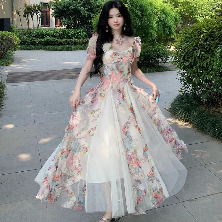 法式复古重工碎花网纱吊带连衣裙女夏季浪漫度假风收腰显瘦a字裙