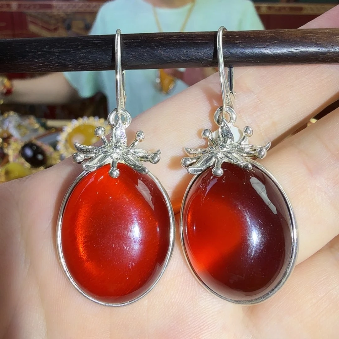 血珀银S925镶嵌耳环