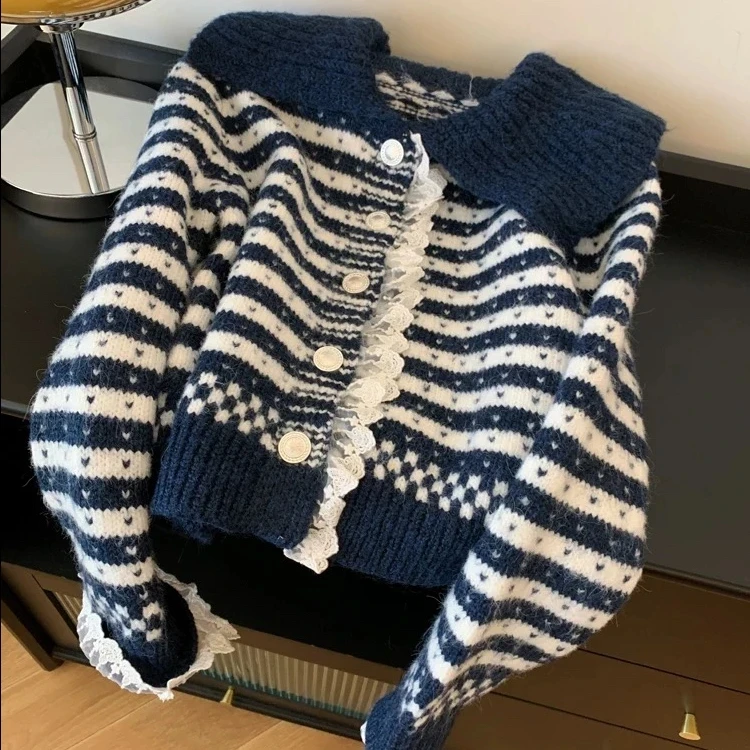 【远山黛】2025春季新款蕾丝拼接条纹开衫Y8067