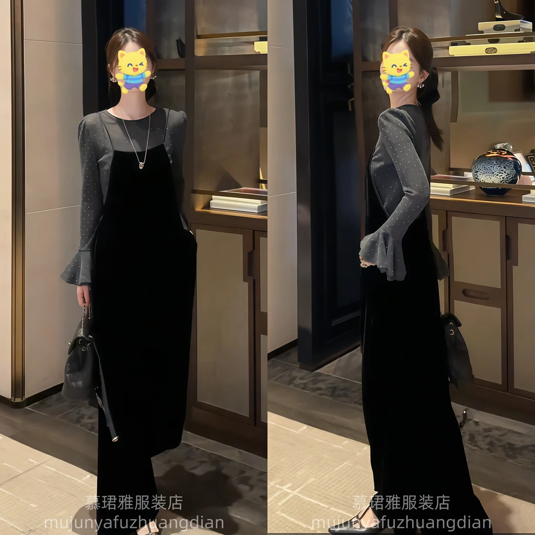 大方得体穿搭一整套黑色丝绒吊带连体裤叠穿内搭秋套装女2025新款