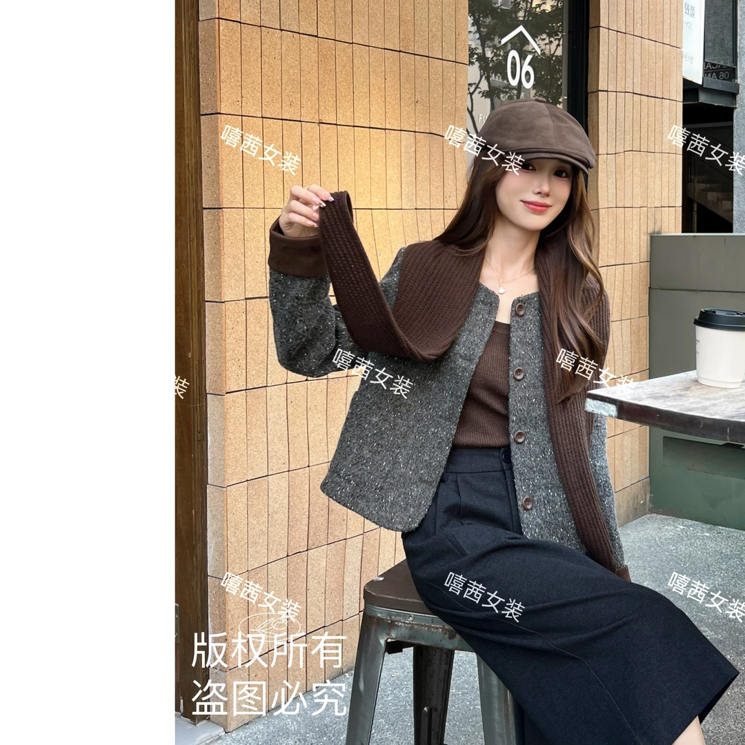 嘻茜【摩卡雪诺】2025秋季小香风针织披肩圆领拼袖显瘦百搭短款外套
