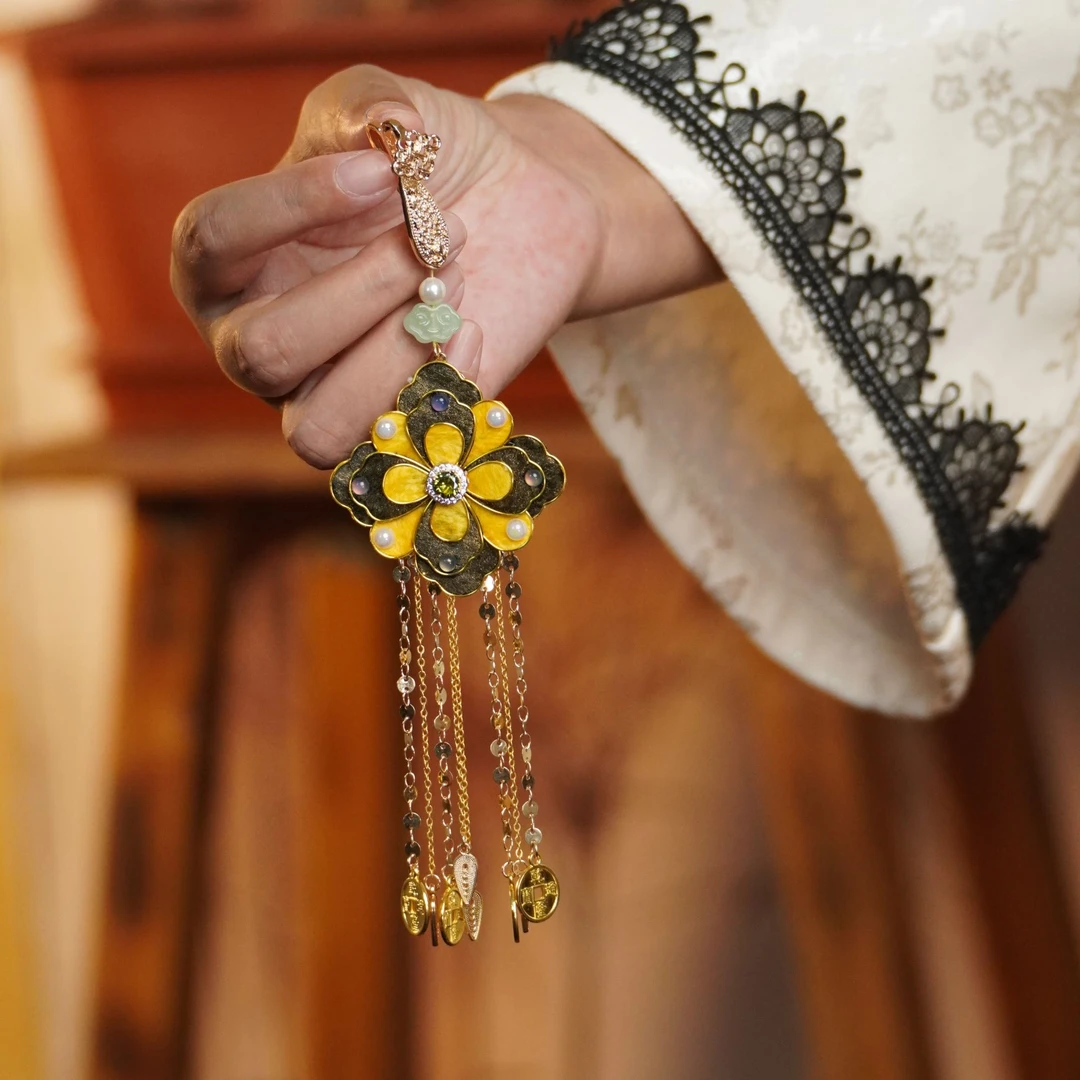 黑金宝象花压襟 非遗绒花南京绒花国潮风压襟旗袍马面裙配饰