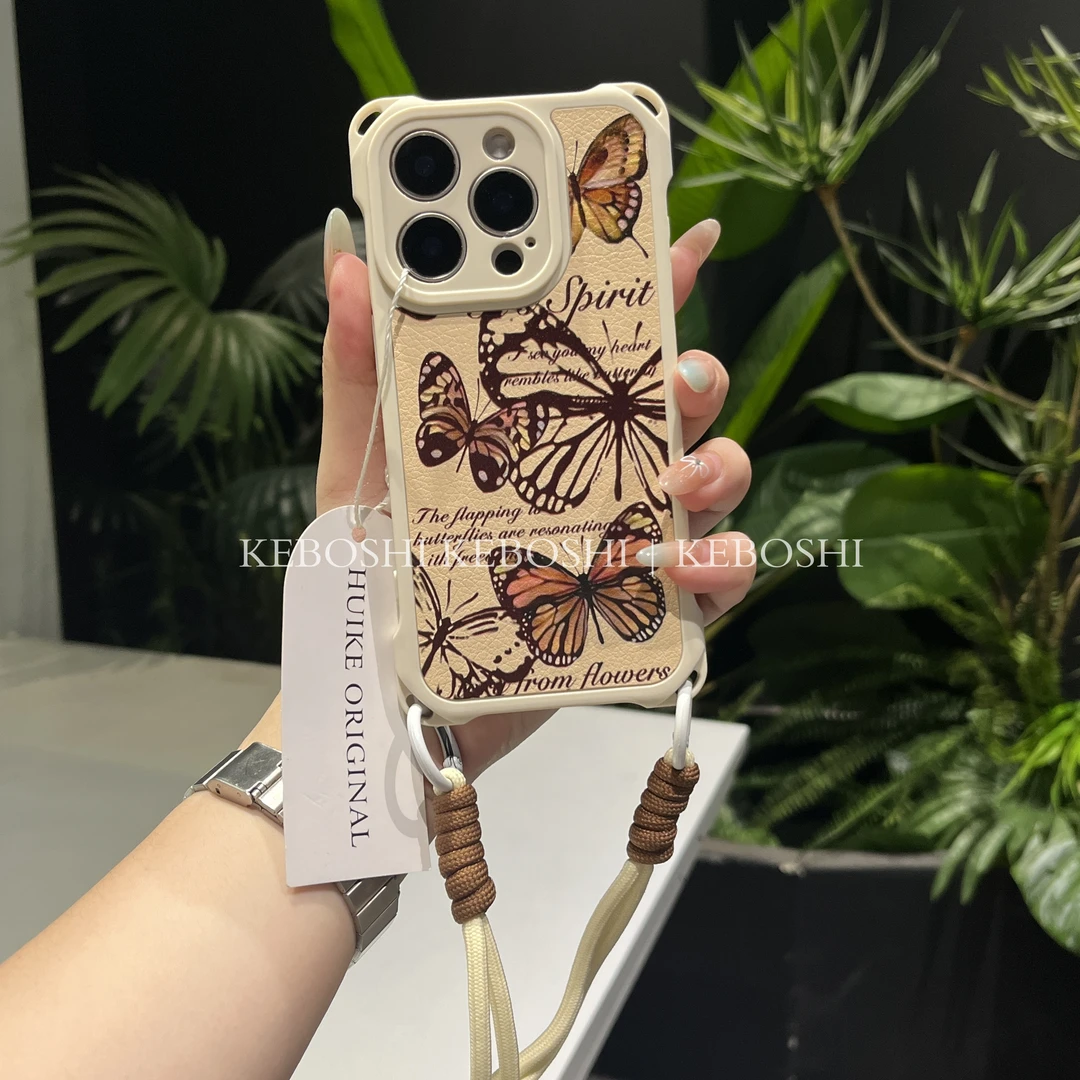 复古蝴蝶软皮质适用苹果17pro手机壳iPhone16/华为vivo小米oppo薄