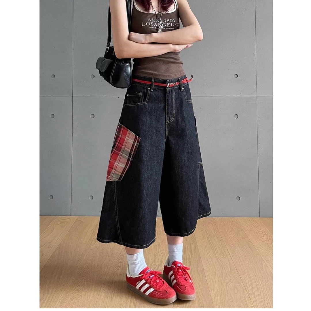 美式复古格纹拼接七分牛仔短裤男女高智感穿搭宽松直筒裤子