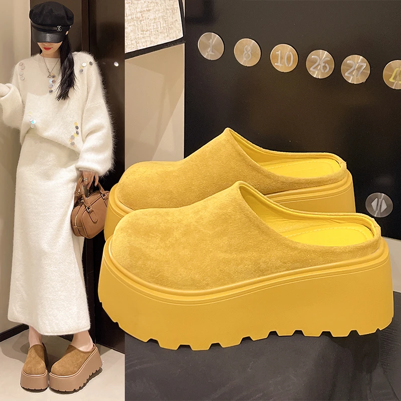 芒果头软皮大头面包鞋一脚蹬半拖鞋小个子7cm松糕厚底勃肯鞋托女