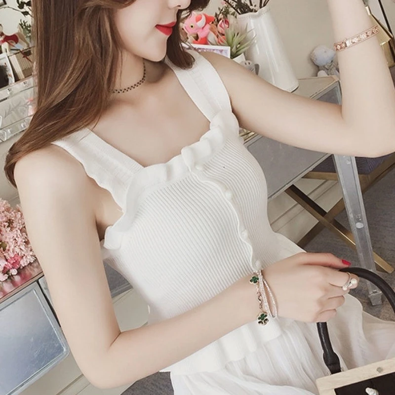 夏季外穿内搭短款针织小吊带背心女大码胖妹妹木耳边显瘦打底上衣