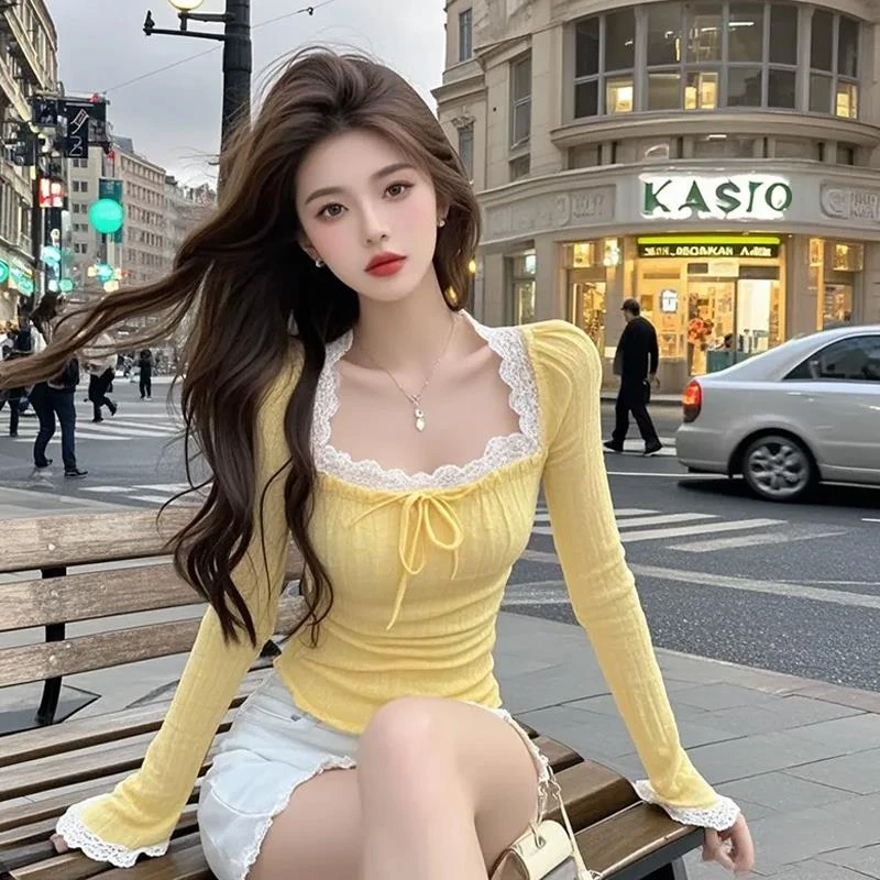 蕾丝方领打底衫女2025年新款春季女装洋气独特漂亮别致假两件上衣