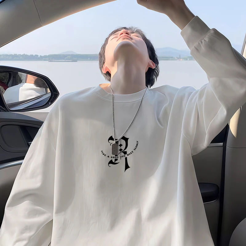 【重磅纯棉】男生美式潮流圆领宽松长袖T恤印花休闲上衣百搭打底衫