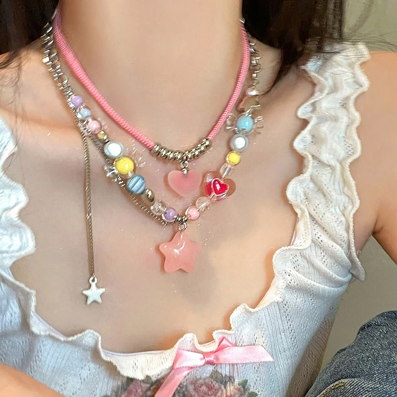 2024年新款夏天多巴胺彩色串珠星星流苏项链女甜酷辣妹锁骨链项链