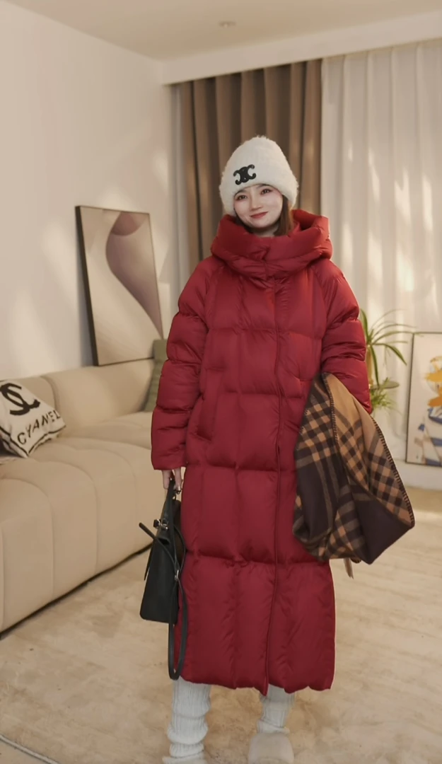 2025新款塔夫绸小富婆冬季厚款女长款高定连帽95白鹅绒服YR923