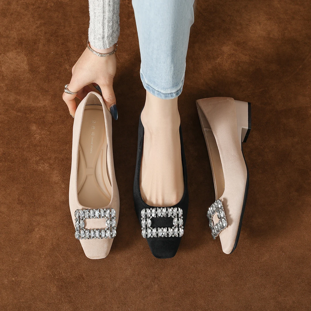 百搭新款丝绒方扣钻单鞋浅口女有跟低跟方头粗跟女鞋春软底不累脚