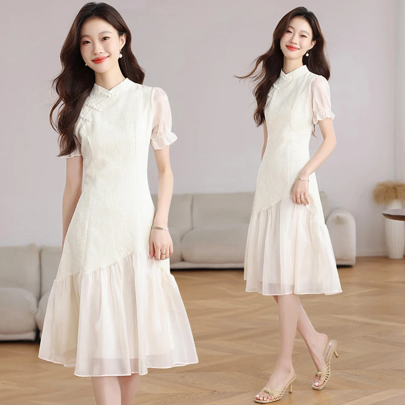 夏季女装新中式旗袍改良复古小香风连衣裙拼接设计感气质显瘦白色