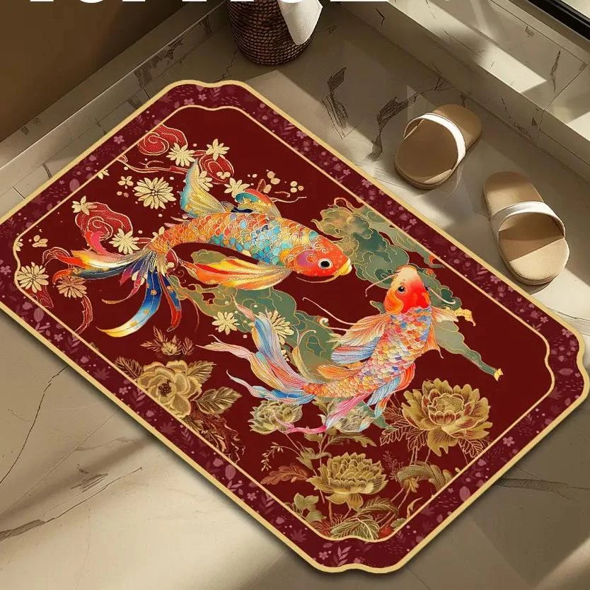 新年款红色锦鲤浴室地垫子卫生间家用厕所硅藻泥吸水防滑速干脚垫