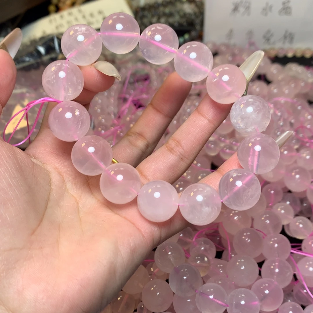 银S925镶嵌烟晶手链天然粉水晶17mm