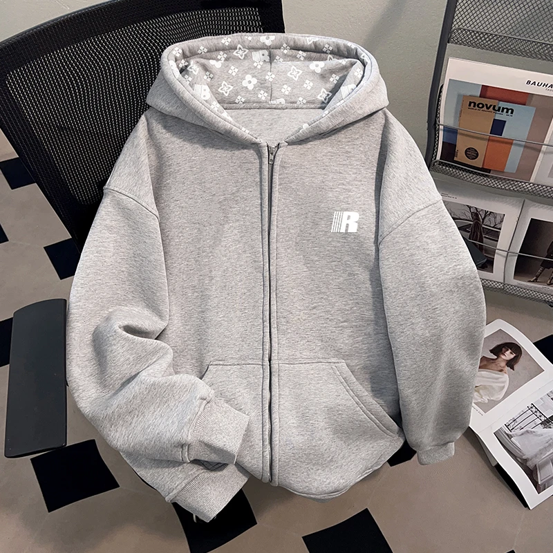 jtrt潮牌美式个性浅灰色开衫连帽卫衣秋冬季新款宽松创意拉链外套