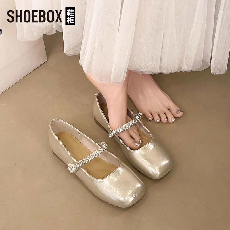 SHOEBOX鞋柜法式平底水钻小皮鞋女2025夏新款配裙子玛丽珍单鞋