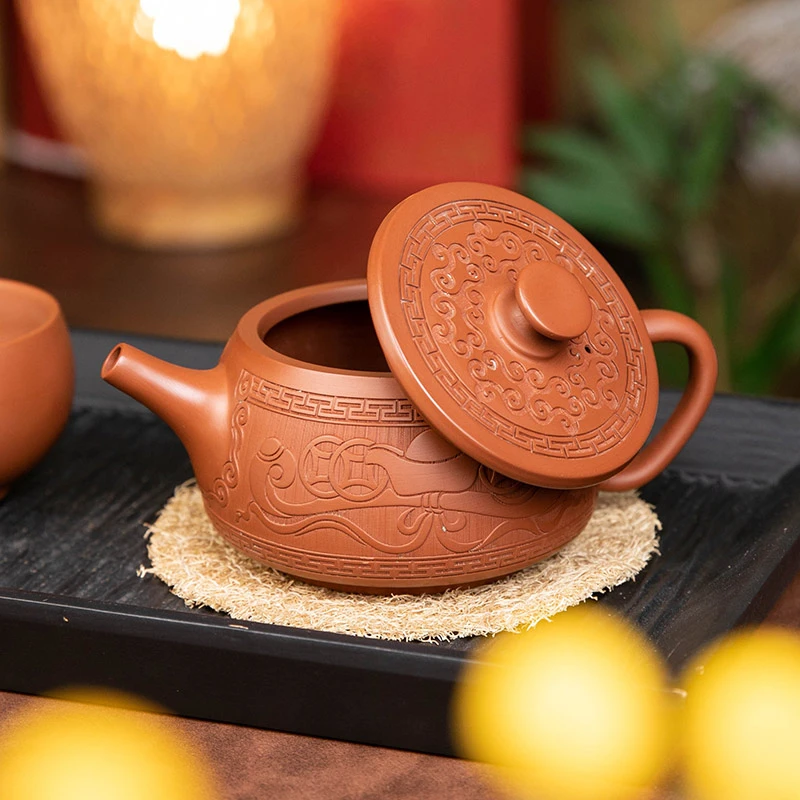 广西坭兴陶悬停如意汉瓦茶壶泡茶紫砂壶手工雕刻家用功夫茶具套装