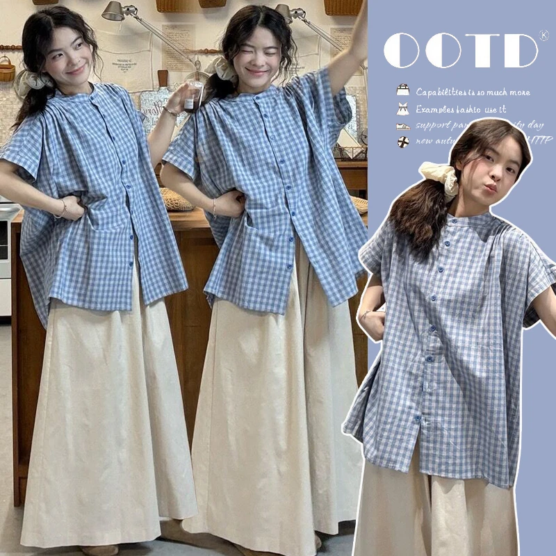 时髦孕妇装2025夏季新款孕妇显瘦复古蓝格子上衣时尚猪鼻扣阔腿裤