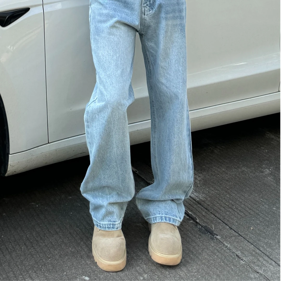 达不六“2021M”闪电裂纹水洗蓝牛仔裤直筒微喇百搭男长裤裤子男