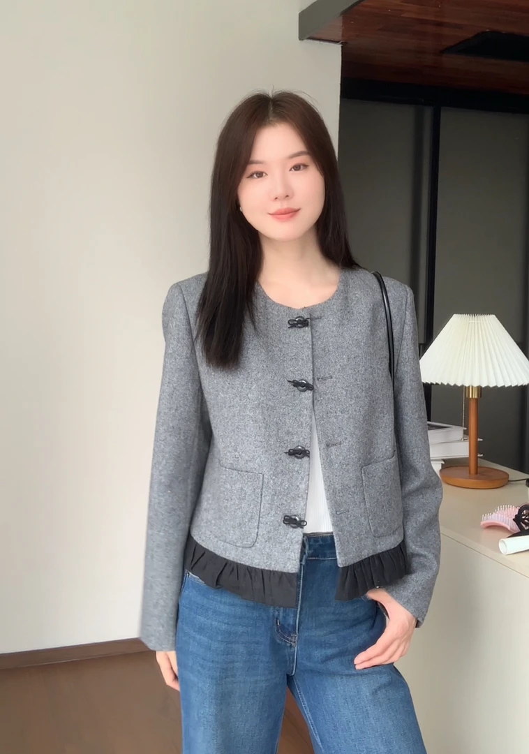 拼接下摆小香风外套女短外套短款秋冬气质休闲2025年新款上衣