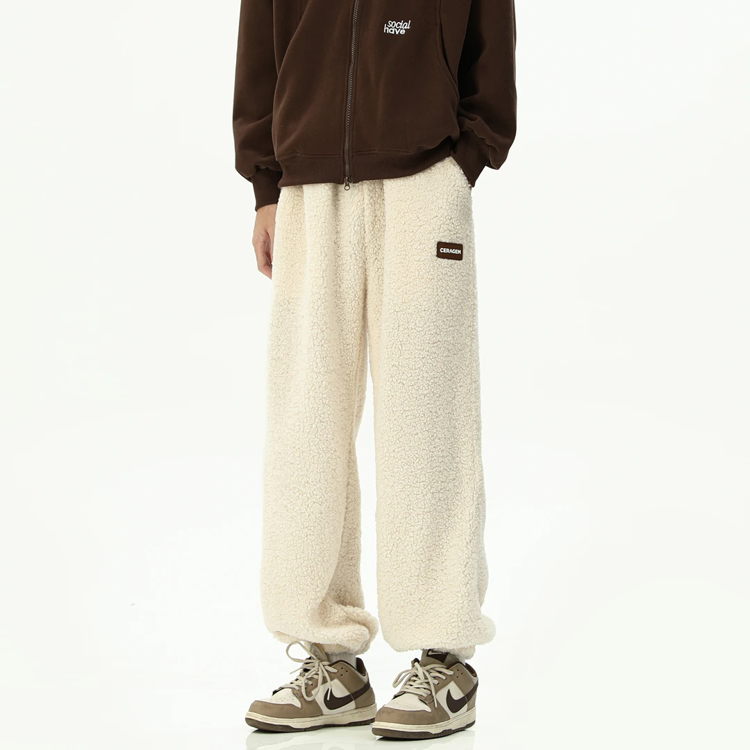 cuwu复古羊羔绒裤子女男冬季加绒加厚保暖运动裤松紧腰束脚休闲裤