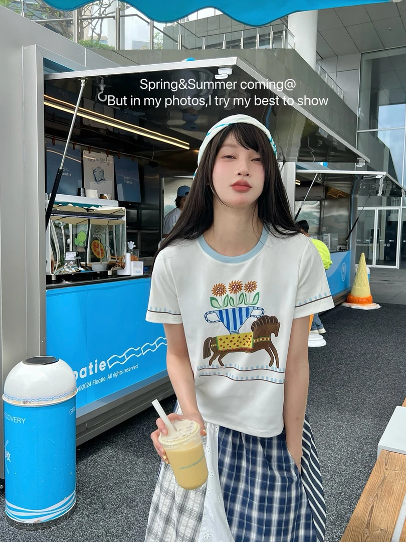 深圳南油TTONE花屏木马洋气小众设计图案撞色夏季短袖T恤
