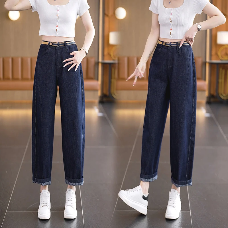 夏季九分弯刀牛仔裤女2025新款小个子阔腿裤休闲裤子大码哈伦裤潮