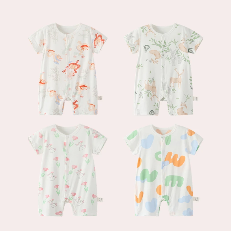 婴儿短袖连体衣夏季薄款透气无骨新生幼儿婴童宝宝哈衣睡衣空调服